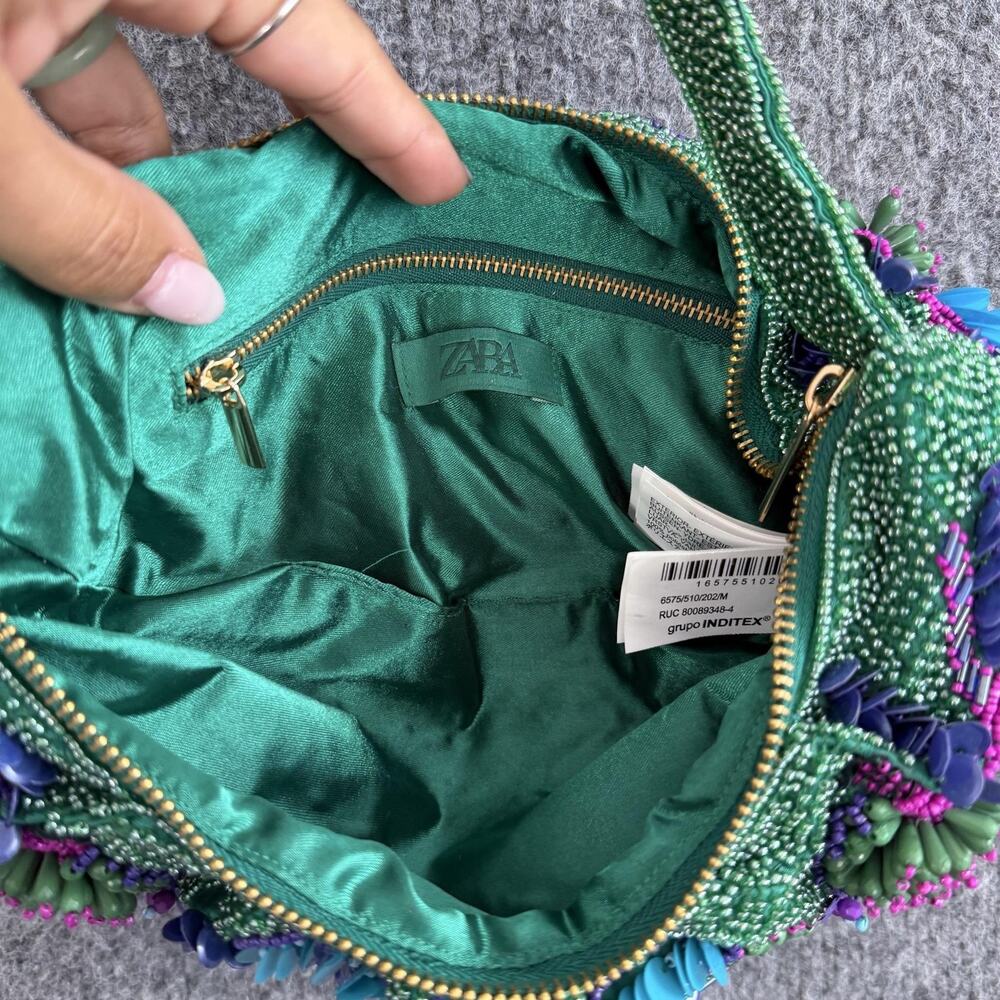 Zara Beaded Floral Shoulder Bag Green Embellished Party Cocktail Purse Artsy - Picture 8 of 12